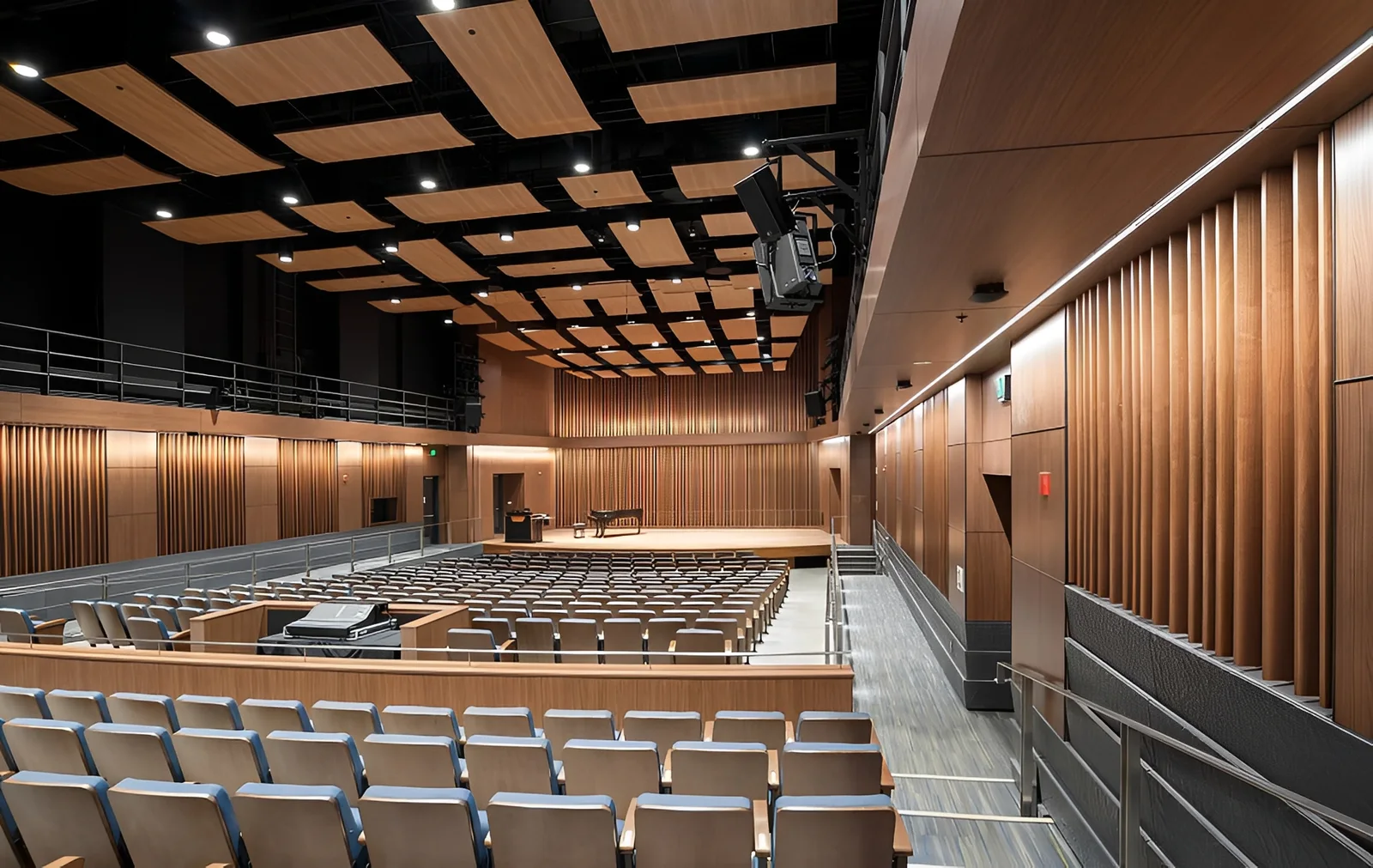 Concert hall with timber acoustic panelling and ceiling clouds