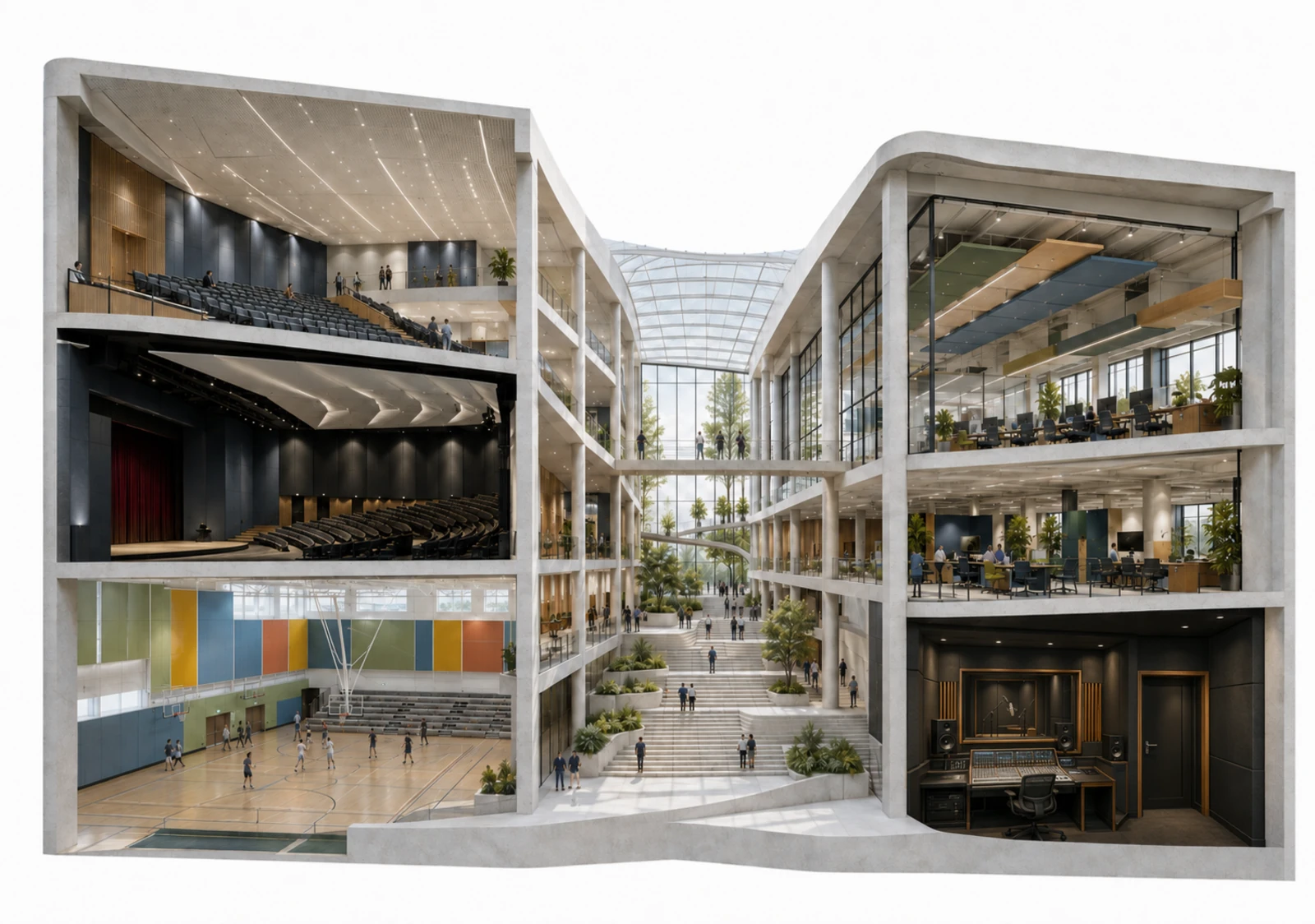 Architectural cutaway of a multi-use building — concert hall, auditorium, sports hall, offices and recording studio